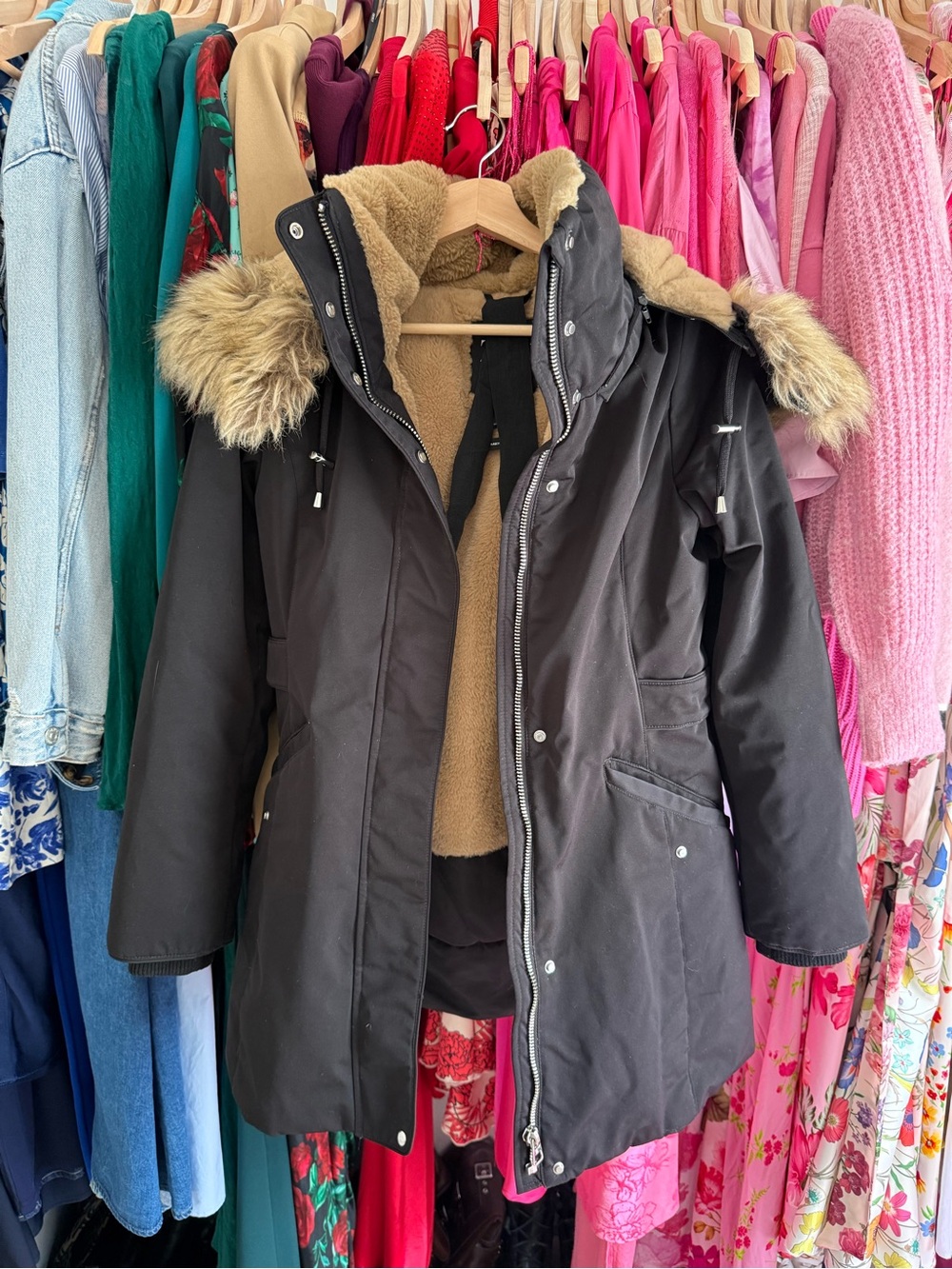 Zara Black Hooded Puffer Coat with Faux Fur Trim